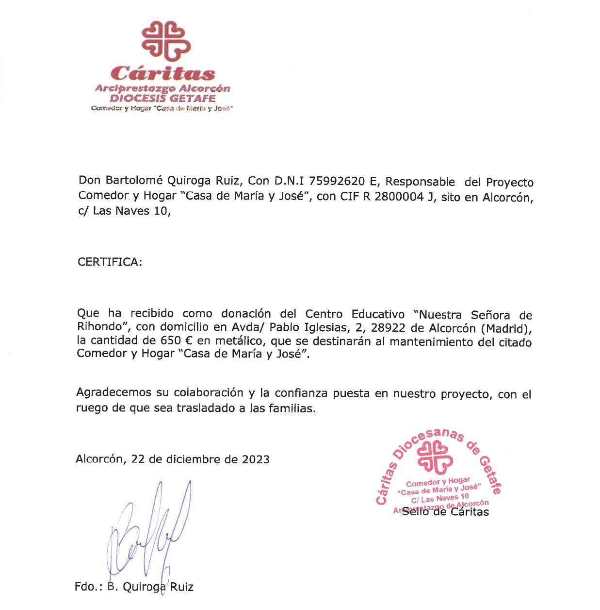 Donación a Cáritas
